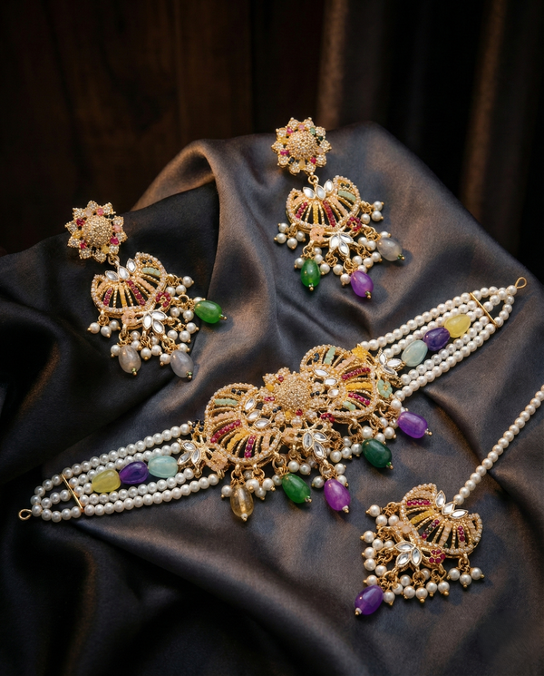 Royal Multicolor Pearl Bridal Choker Set with Jhumka & Tikka