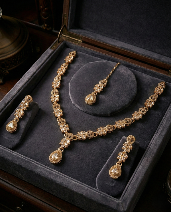 ZARHIRA Vintage Gold Leafy Crystal Necklace Set with Teardrop Dangler