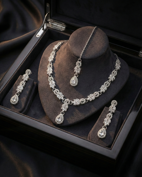 ZARHIRA Vintage Leafy Vine Crystal Necklace Set with Teardrop Dangler