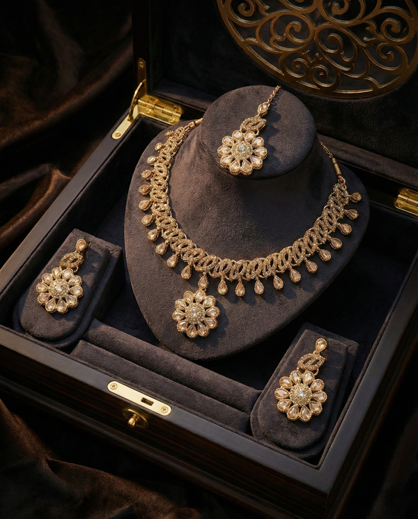 Champagne Gold Floral Crystal Necklace Set with Earrings & Tikka