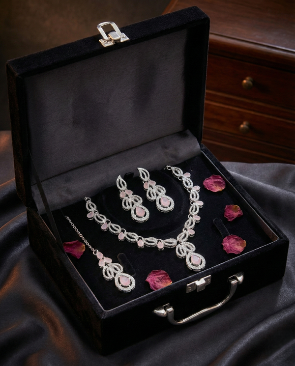 ZARHIRA Ethereal Rose Quartz & Silver Zircon Filigree Set  Description:
