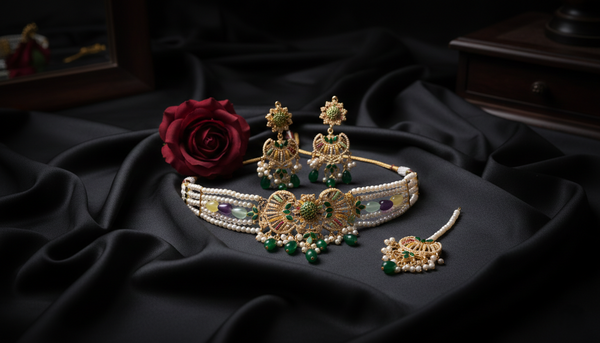 Emerald Green Multicolor Pearl Bridal Choker Set with Jhumka & Tikka