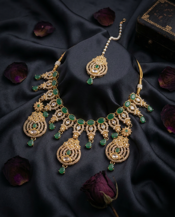 ZARHIRA Emerald-Enchant Filigree & Gold-Plated Zircon Jewelry Set