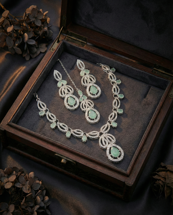 ZARHIRA Enchanted Mint & Silver Zircon Filigree Necklace Set