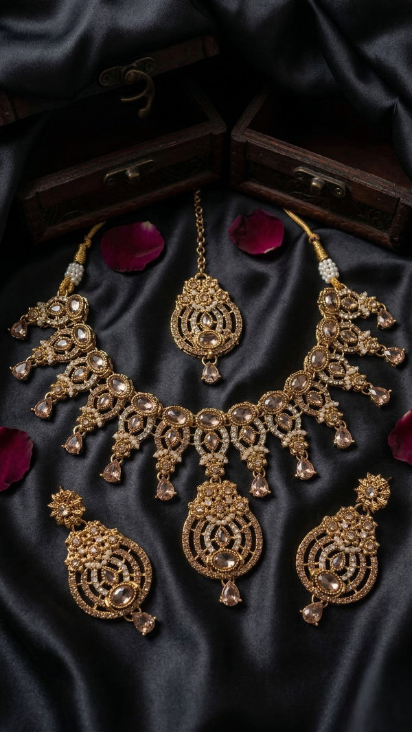 ZARHIRA Peach-Glow Filigree & Gold-Plated Zircon Jewelry Set